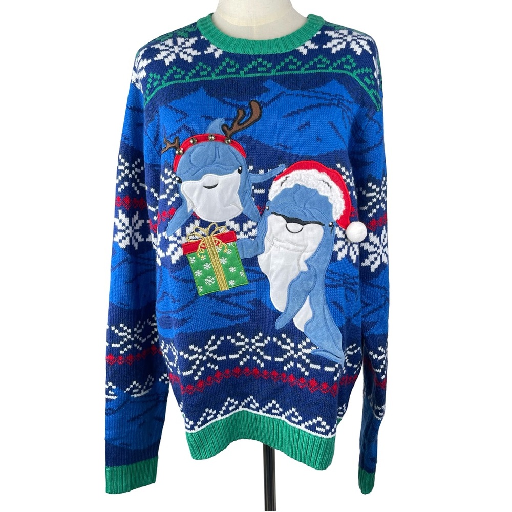 Celebrate Together Men’s Christmas Holiday Blue Dolphin Crewneck Sweater Size L